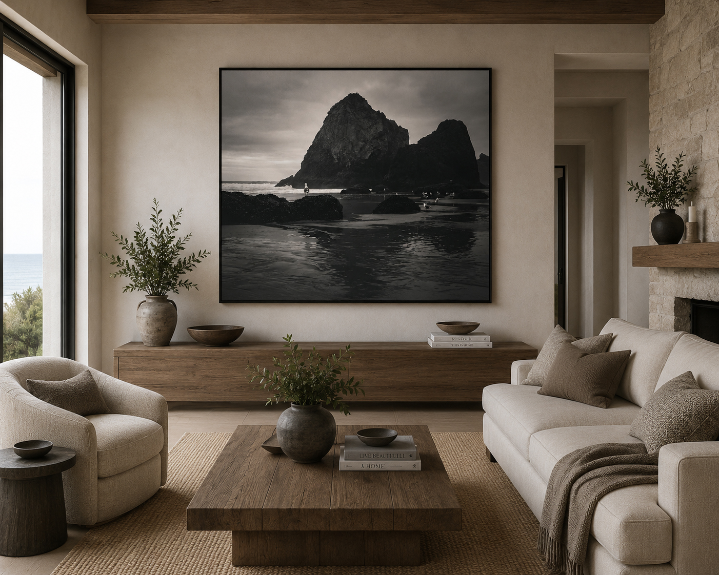 Black and white coastal artwork in a warm residential living room by Dan Sproul